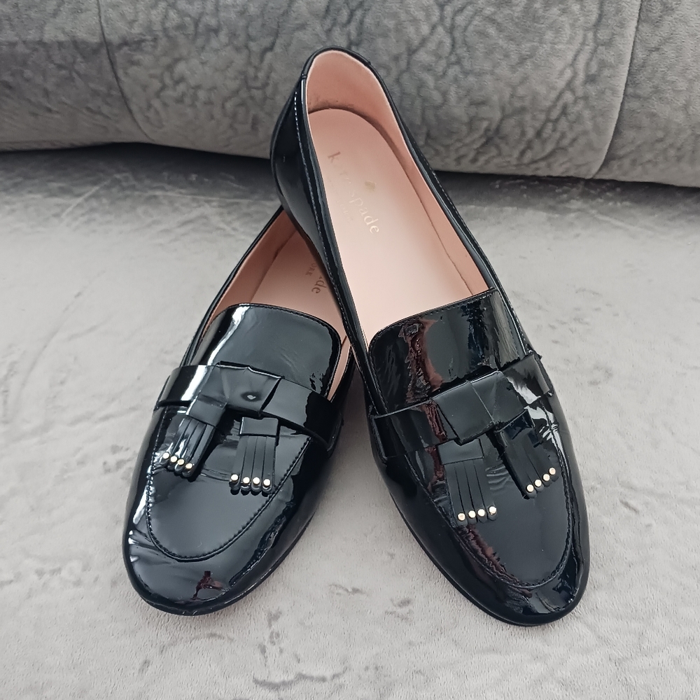 Kate Spade Berkeley black patent leather fringe flat shoes